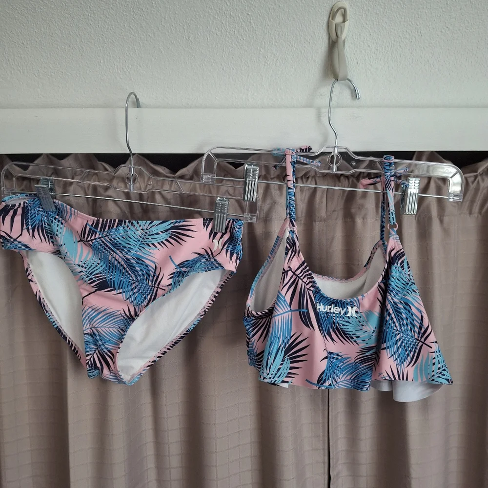 Youth Hurley 2 Piece Swimsuit Pink Blue Palm Print Size XL